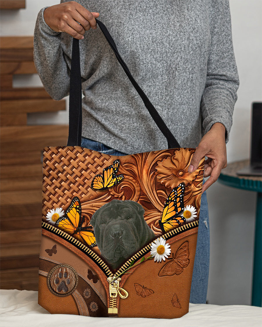 Black Shar Pei Butterfly Daisy Cloth Tote Bag