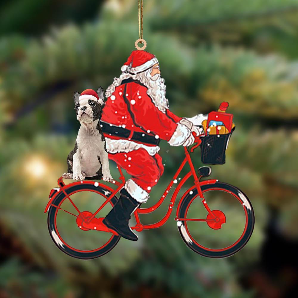 Santa Claus riding a bike with Boston Terrier-Two Sided Ornament