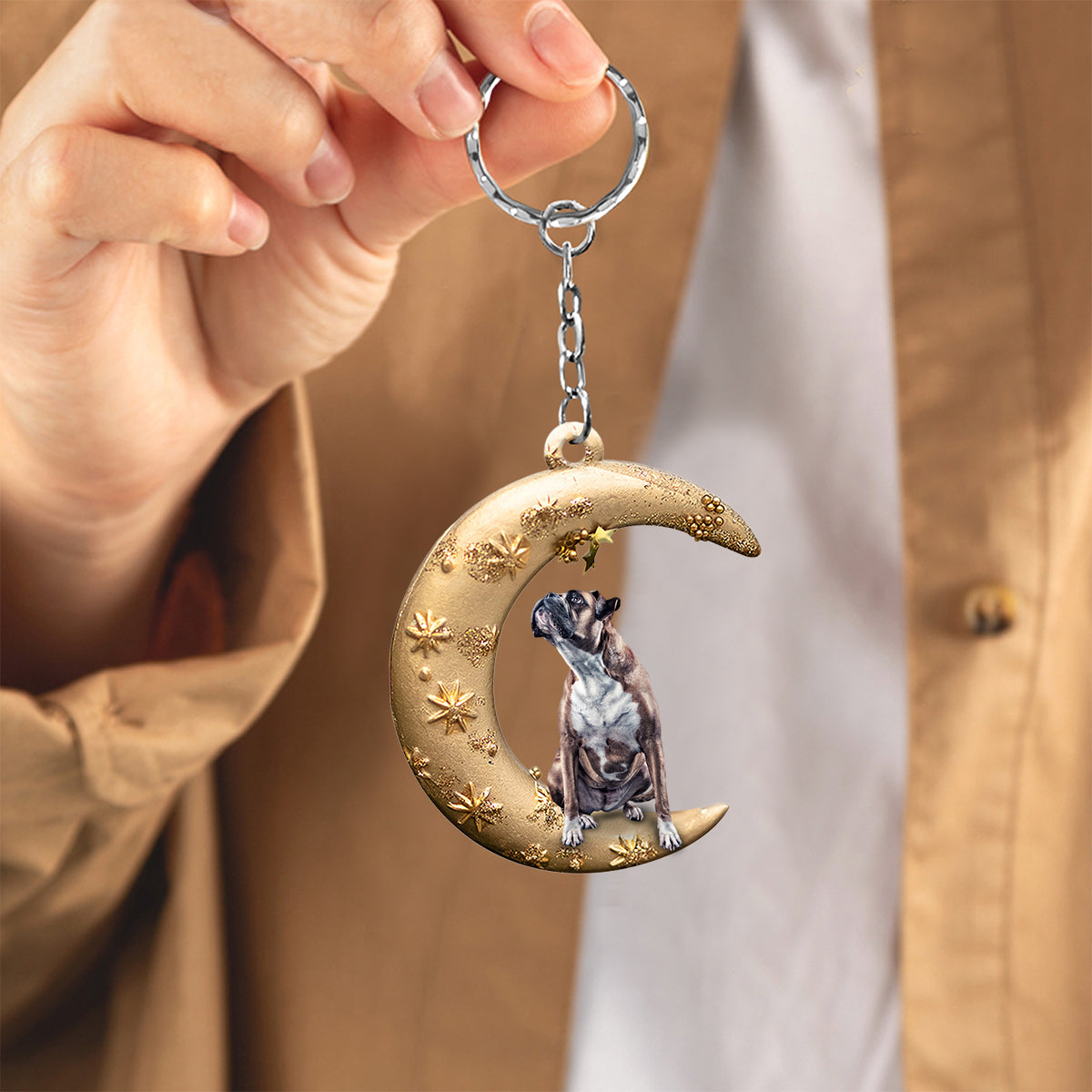 Boxer2-Dog & Moon Flat Acrylic Keychain