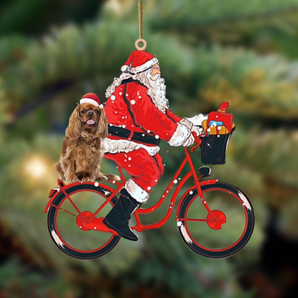 Santa Claus riding a bike with Cavalier King Xharles Spaniel (3)-Two Sided Ornament