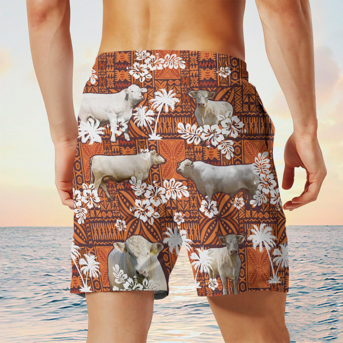 charolais cow In Red Tribal Shorts