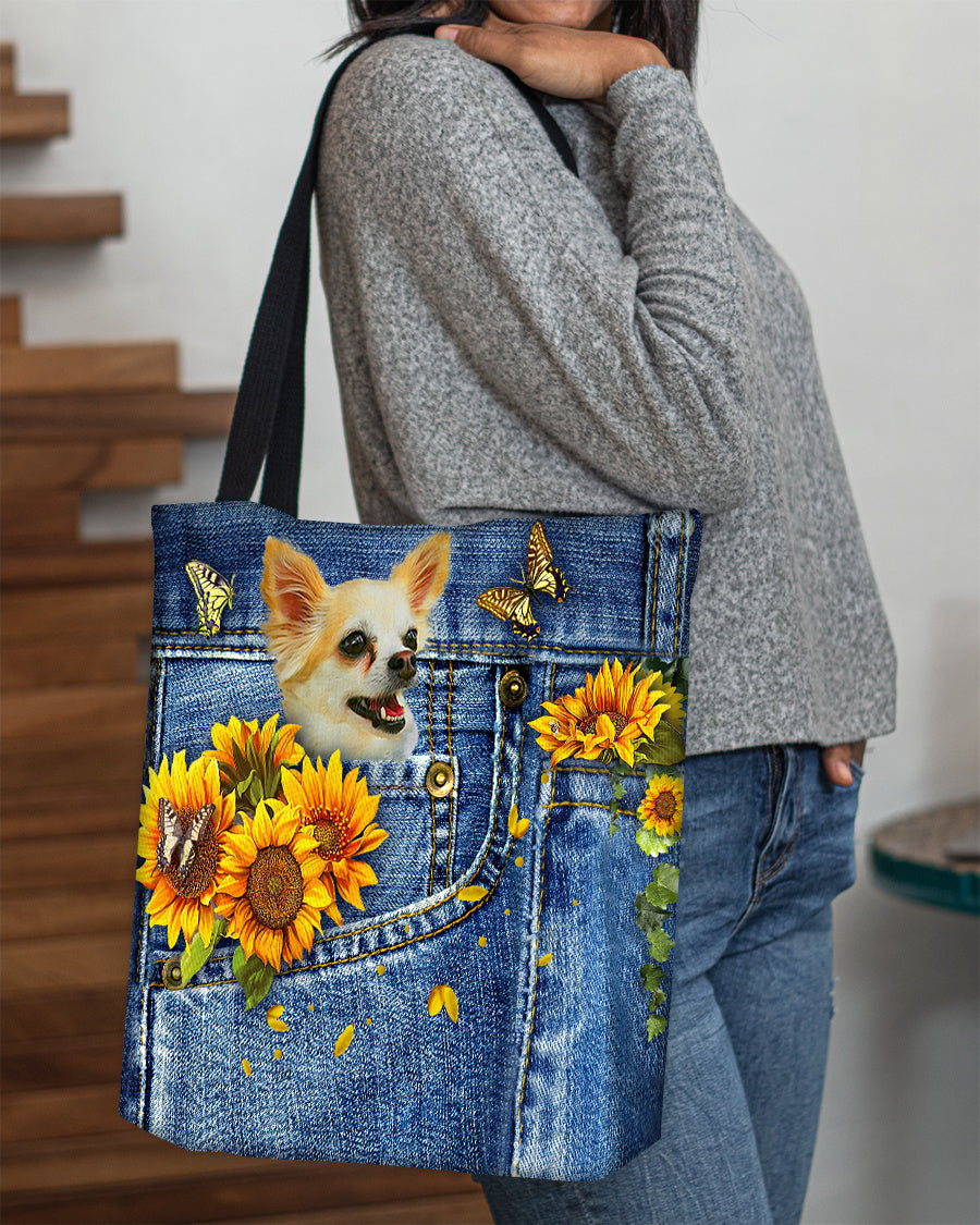 Chihuahua1-Sunflowers & Butterflies Cloth Tote Bag