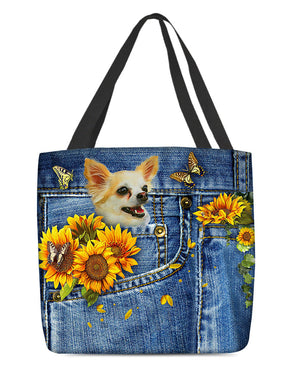 Chihuahua1-Sunflowers & Butterflies Cloth Tote Bag