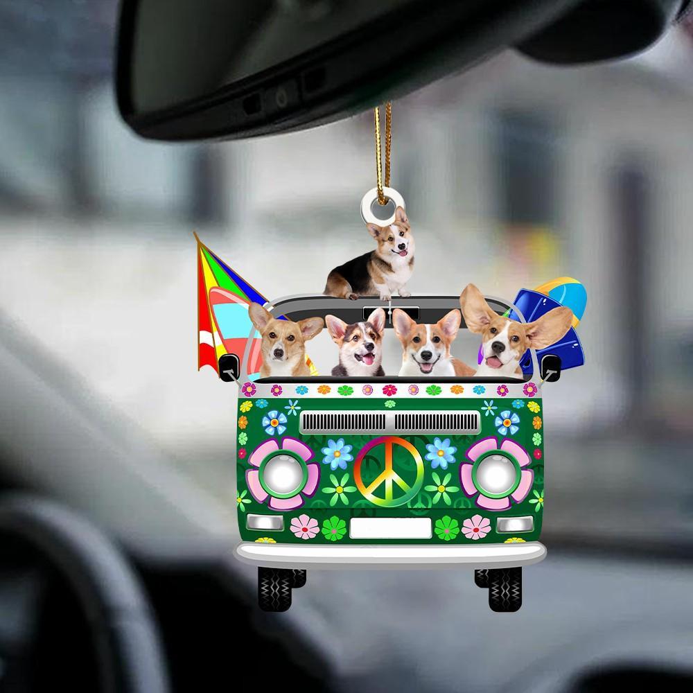 Corgi-Green Hippie Van-Two Sided Ornament