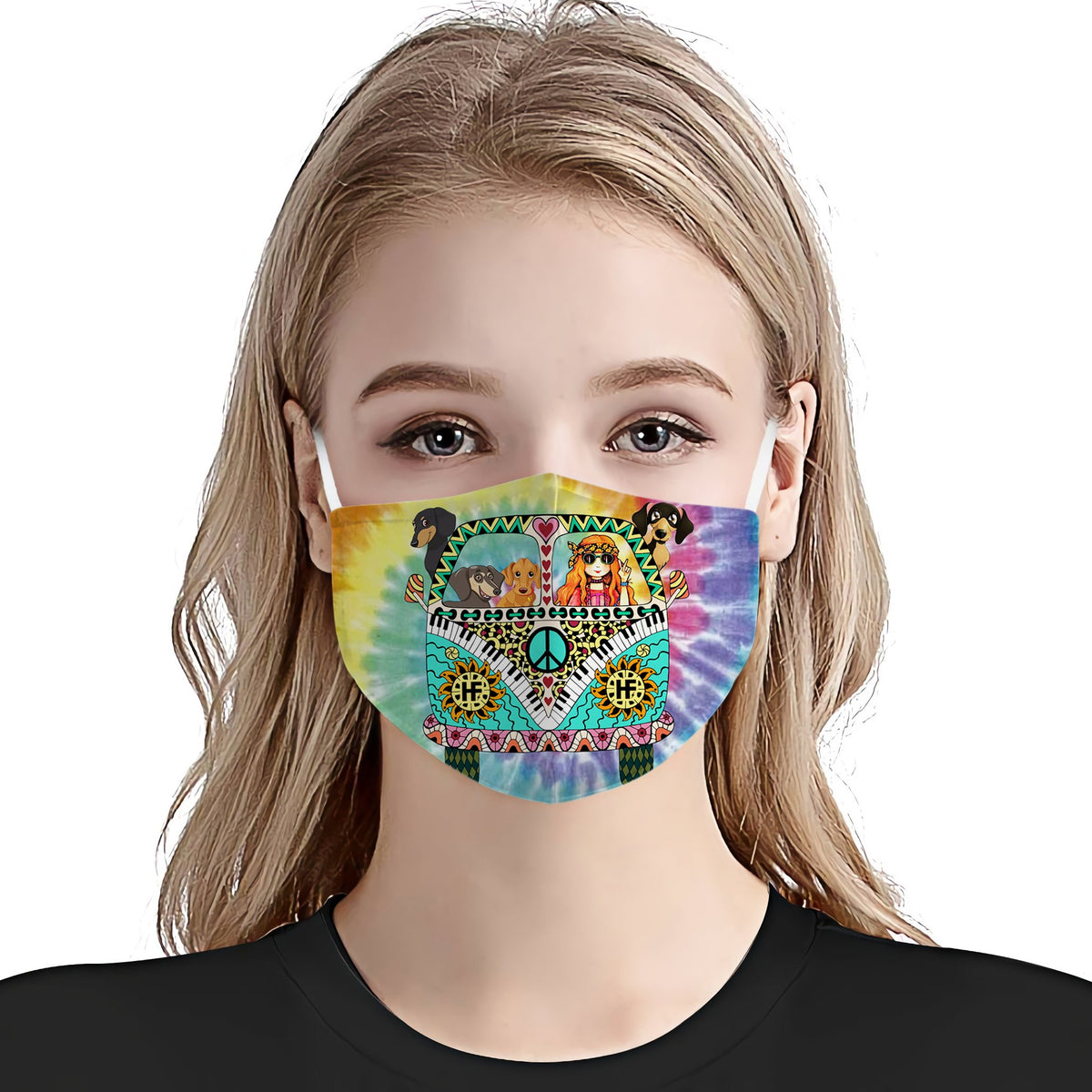Dachshund Hippie Van And Girl Rainbow Tie Dye EZ01 Face Mask