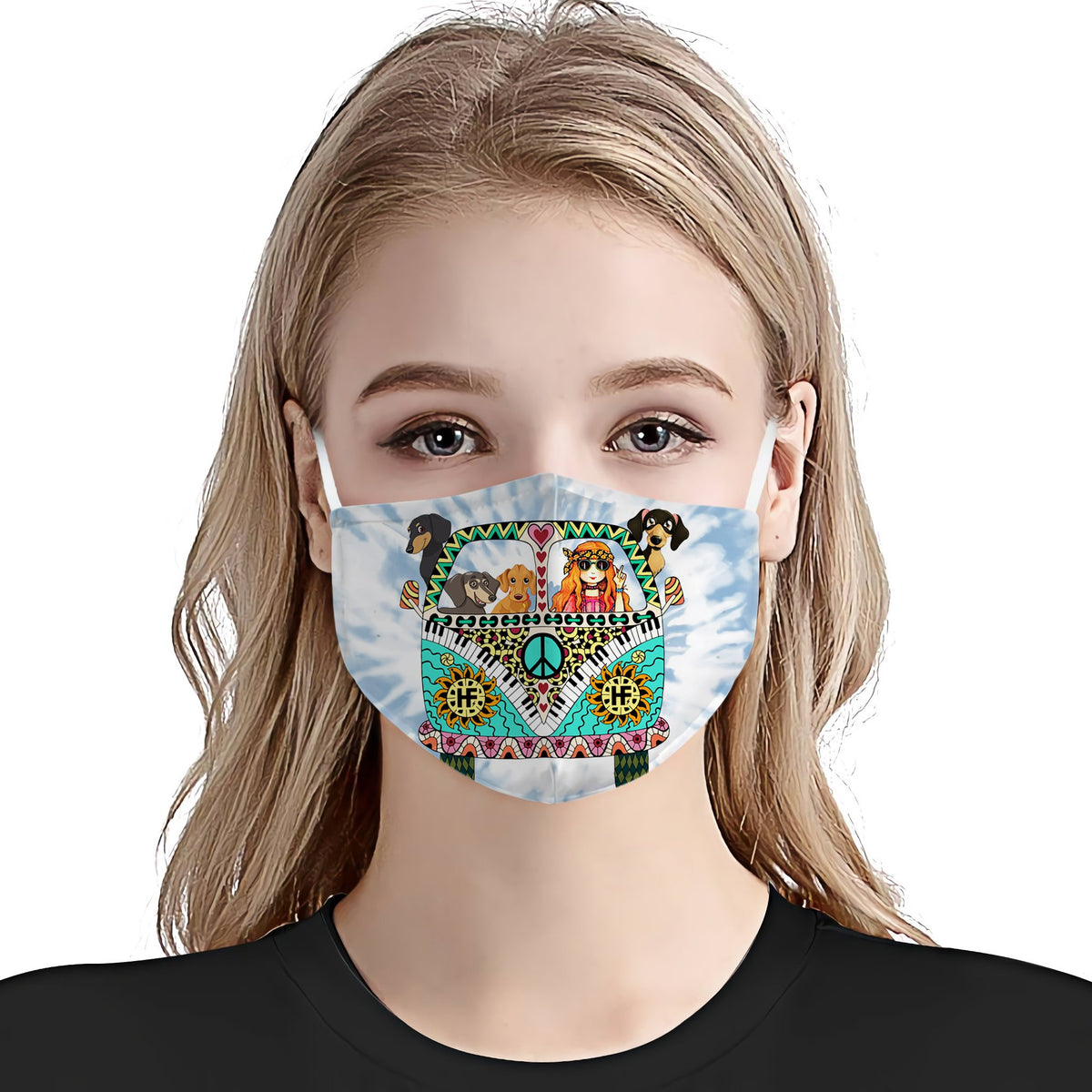Dachshund Hippie Van And Girl Blue Tie Dye EZ01 Face Mask