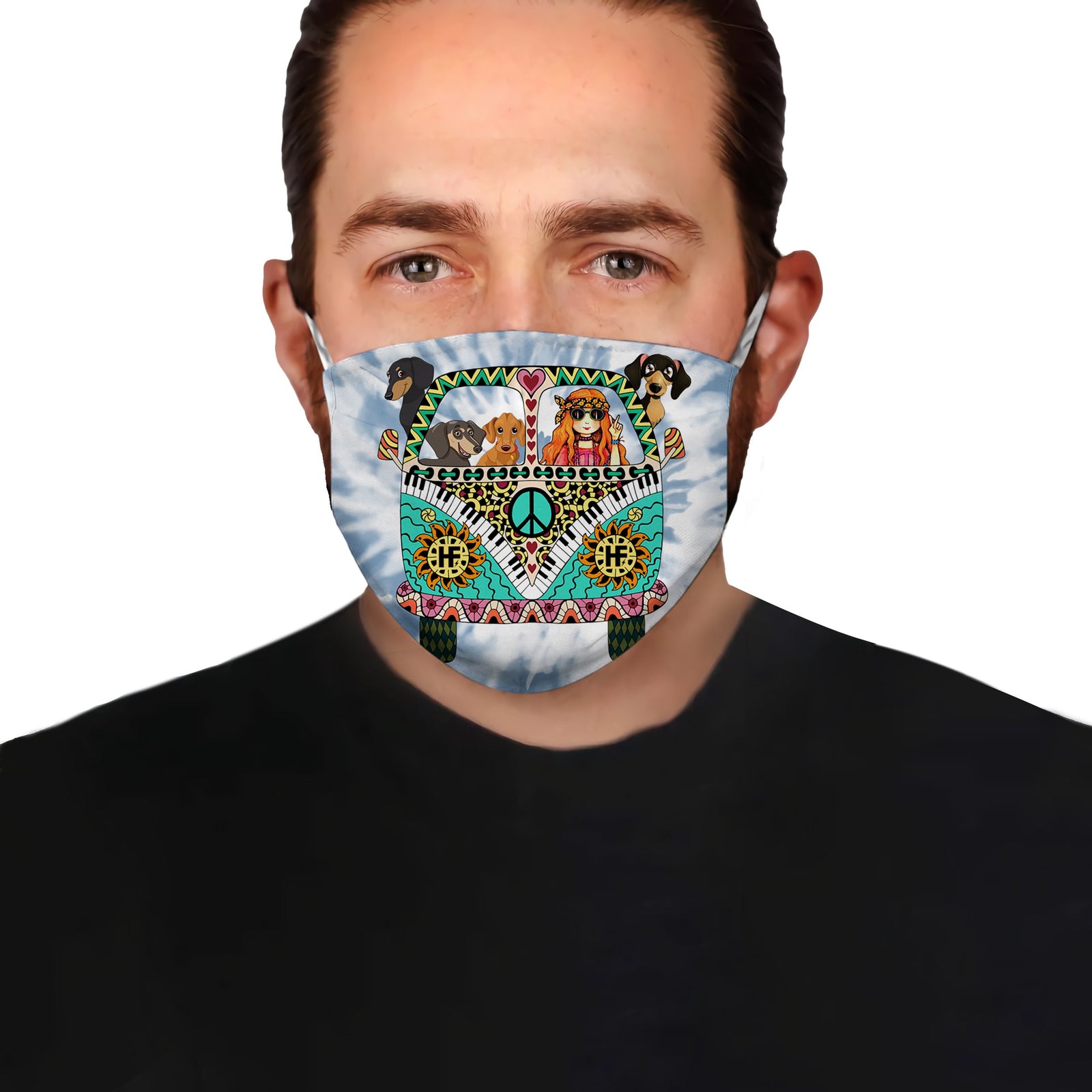 Dachshund Hippie Van And Girl Blue Tie Dye EZ01 Face Mask