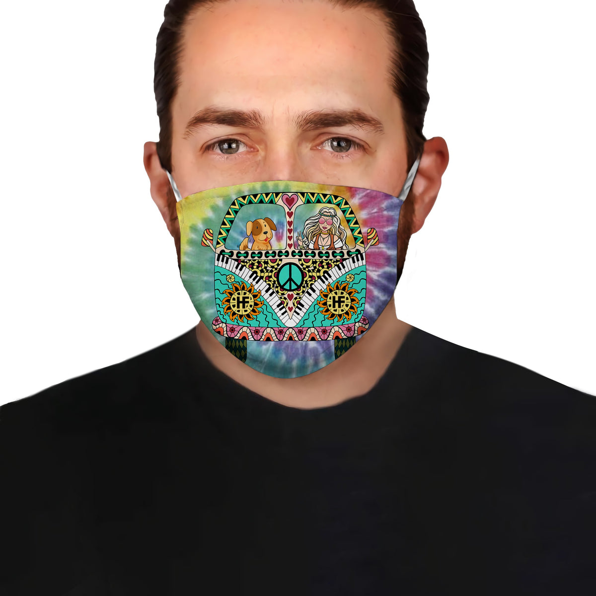 Dog Hippie Van And Girl Rainbow Tie Dye EZ01 Face Mask