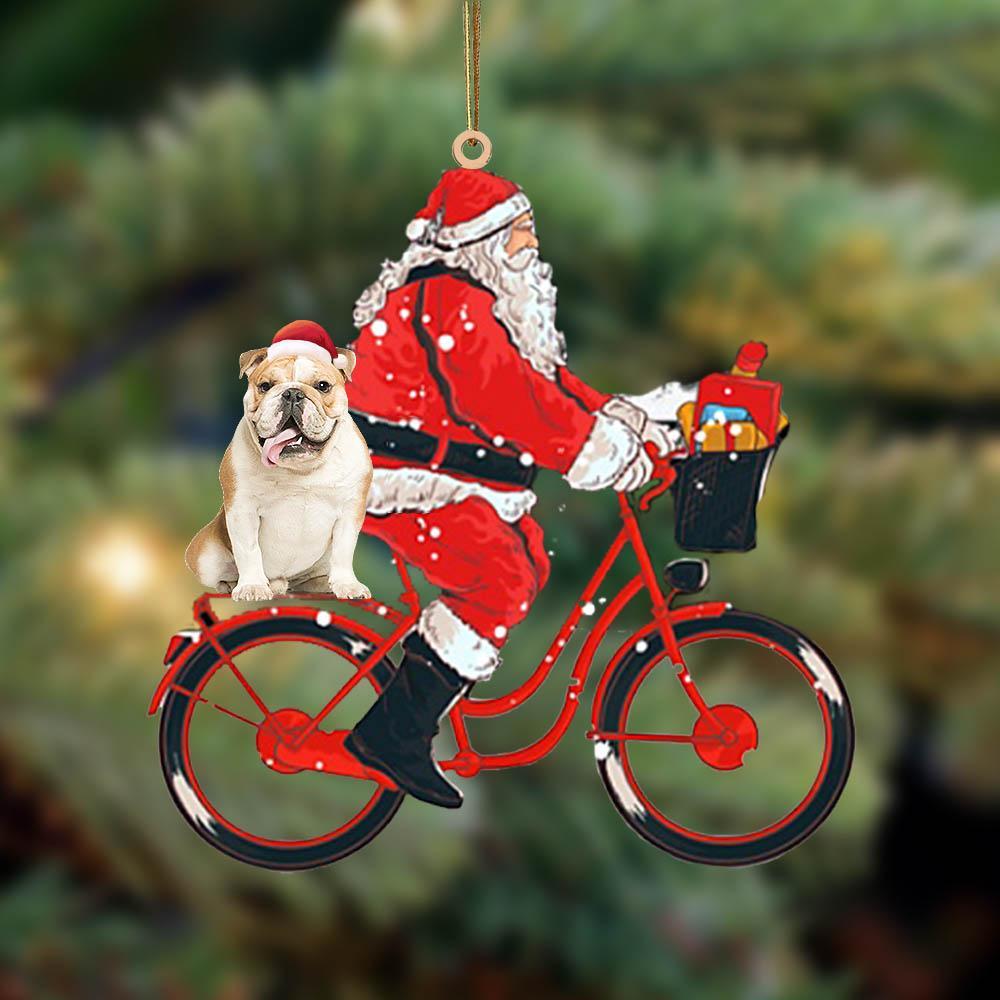 Santa Claus riding a bike with English Bulldog-Two Sided Ornament