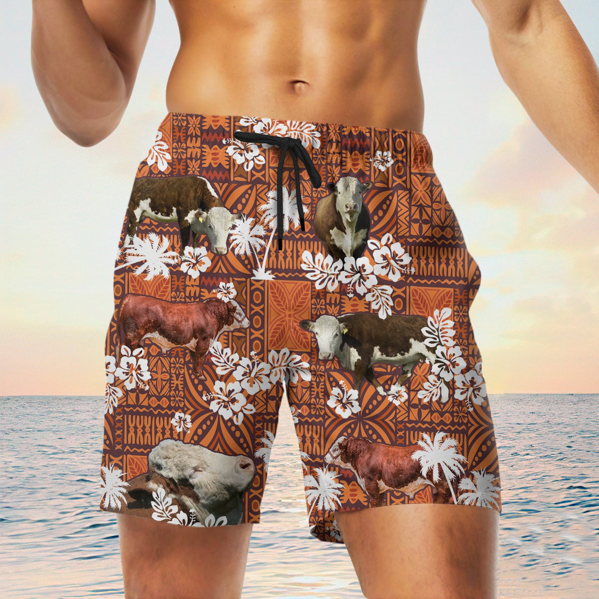 hereford cow In Red Tribal Shorts