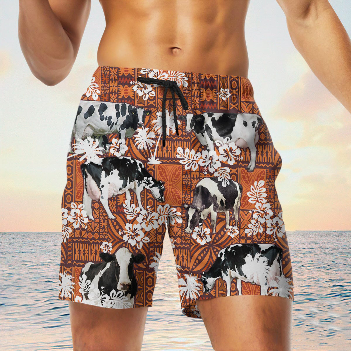 holstein cow In Red Tribal Shorts