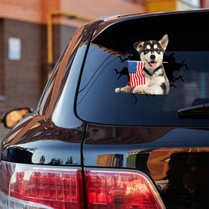 Husky malamute And American Flag Independent Day Car Sticker Decal