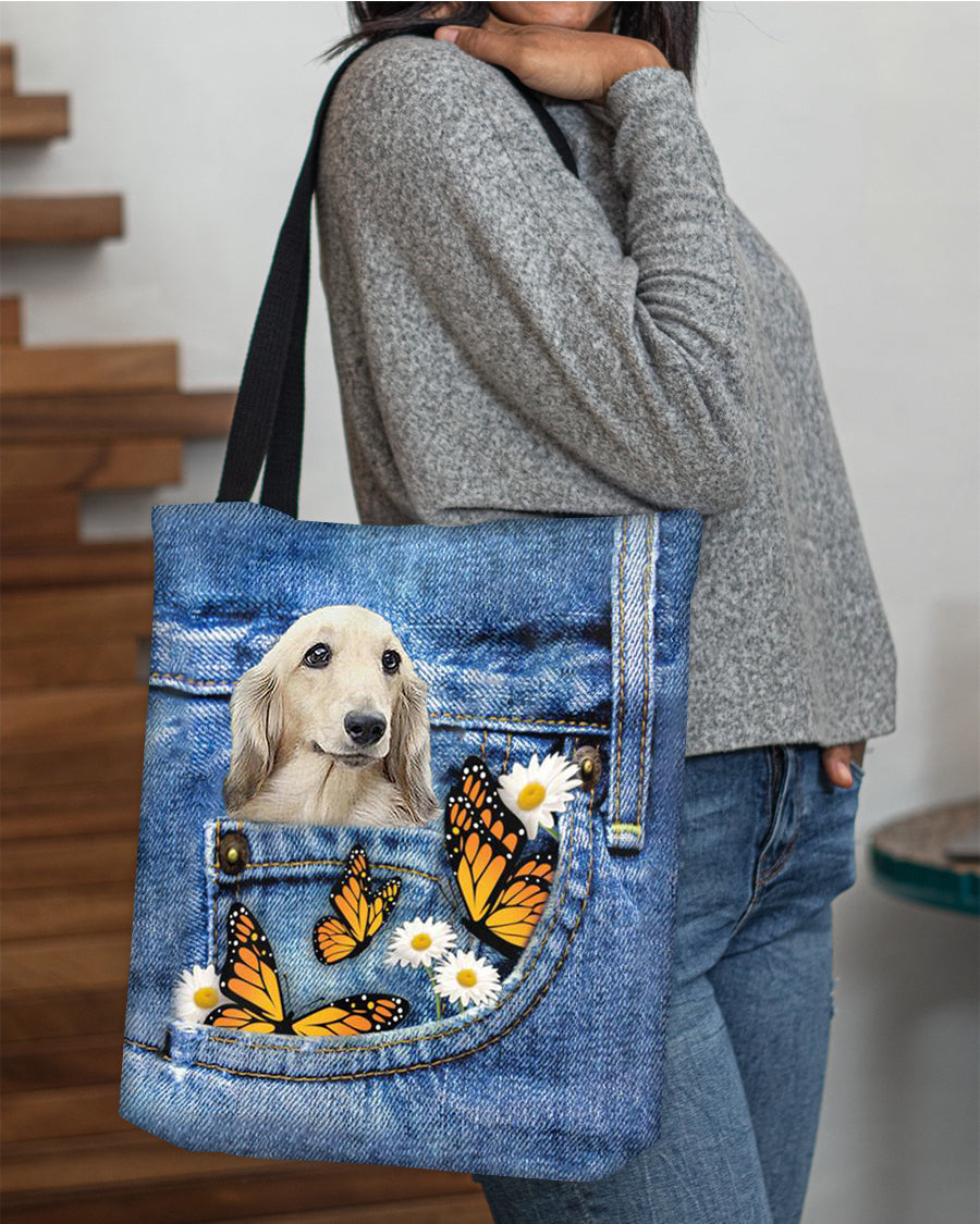 long-haired-Dachshund-Butterfly Daisies Fait-CLOTH TOTE BAG