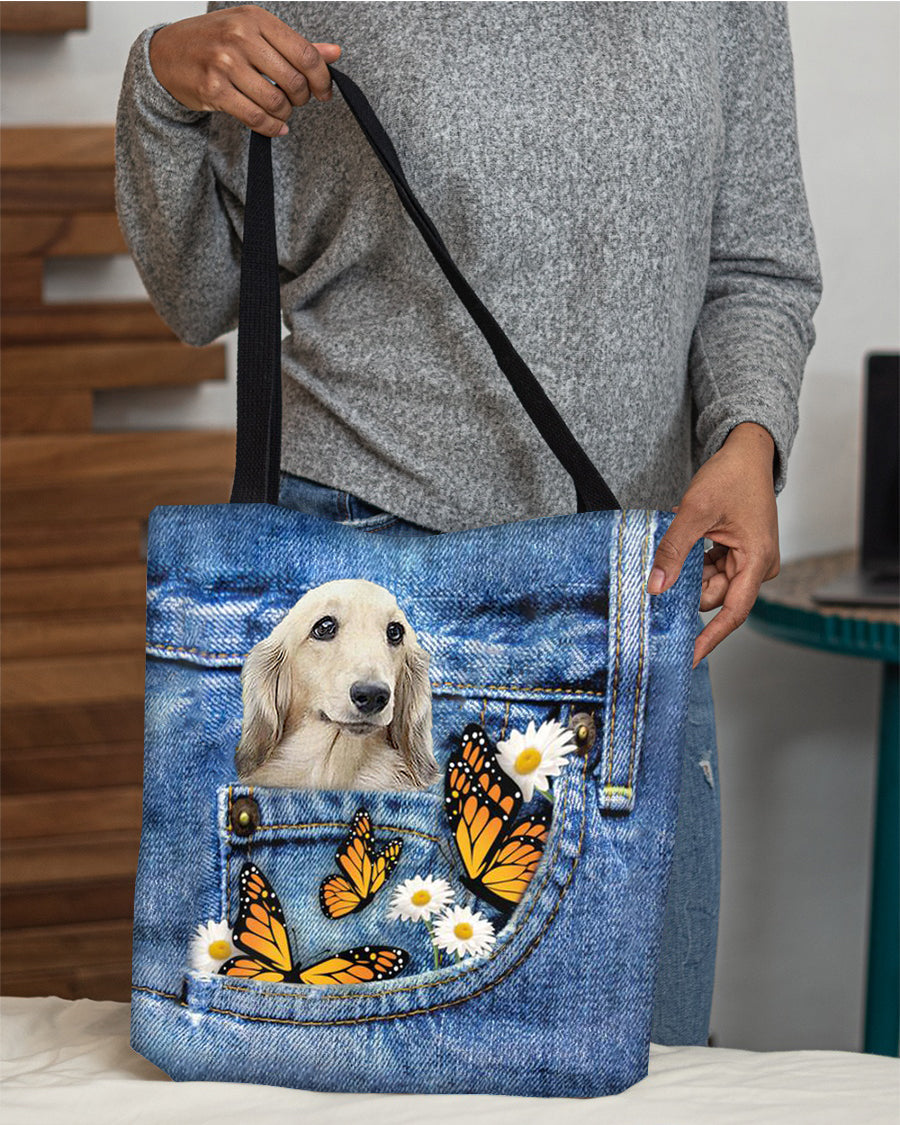 long-haired-Dachshund-Butterfly Daisies Fait-CLOTH TOTE BAG