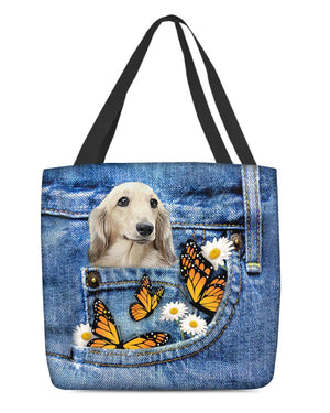 long-haired-Dachshund-Butterfly Daisies Fait-CLOTH TOTE BAG