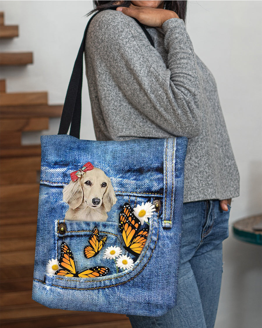 long-haired-Dachshund1-Butterfly Daisies Fait-CLOTH TOTE BAG