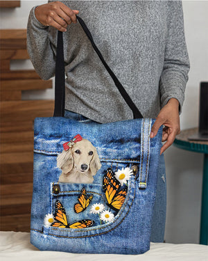 long-haired-Dachshund1-Butterfly Daisies Fait-CLOTH TOTE BAG