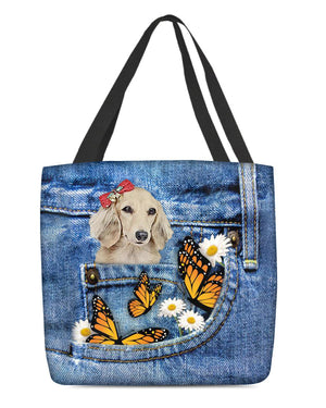 long-haired-Dachshund1-Butterfly Daisies Fait-CLOTH TOTE BAG