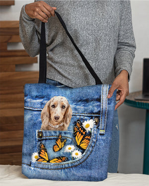 long-haired-Dachshund2-Butterfly Daisies Fait-CLOTH TOTE BAG