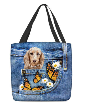 long-haired-Dachshund2-Butterfly Daisies Fait-CLOTH TOTE BAG