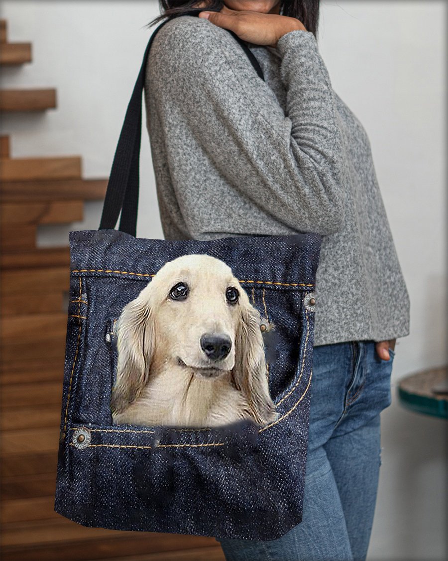 Long Haired Dachshund-Dark Denim-Cloth Tote Bag