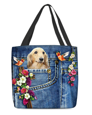 Long Haired Dachshund-Cardinal & Cross Flower Cloth Tote Bag