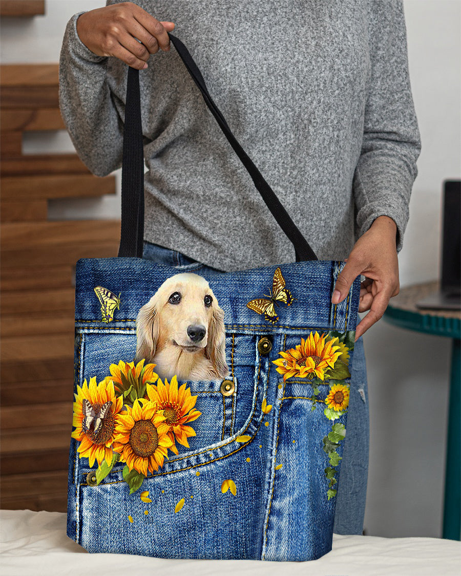 Long Haired Dachshund-Sunflowers & Butterflies Cloth Tote Bag