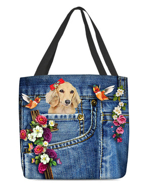 Long Haired Dachshund1-Cardinal & Cross Flower Cloth Tote Bag