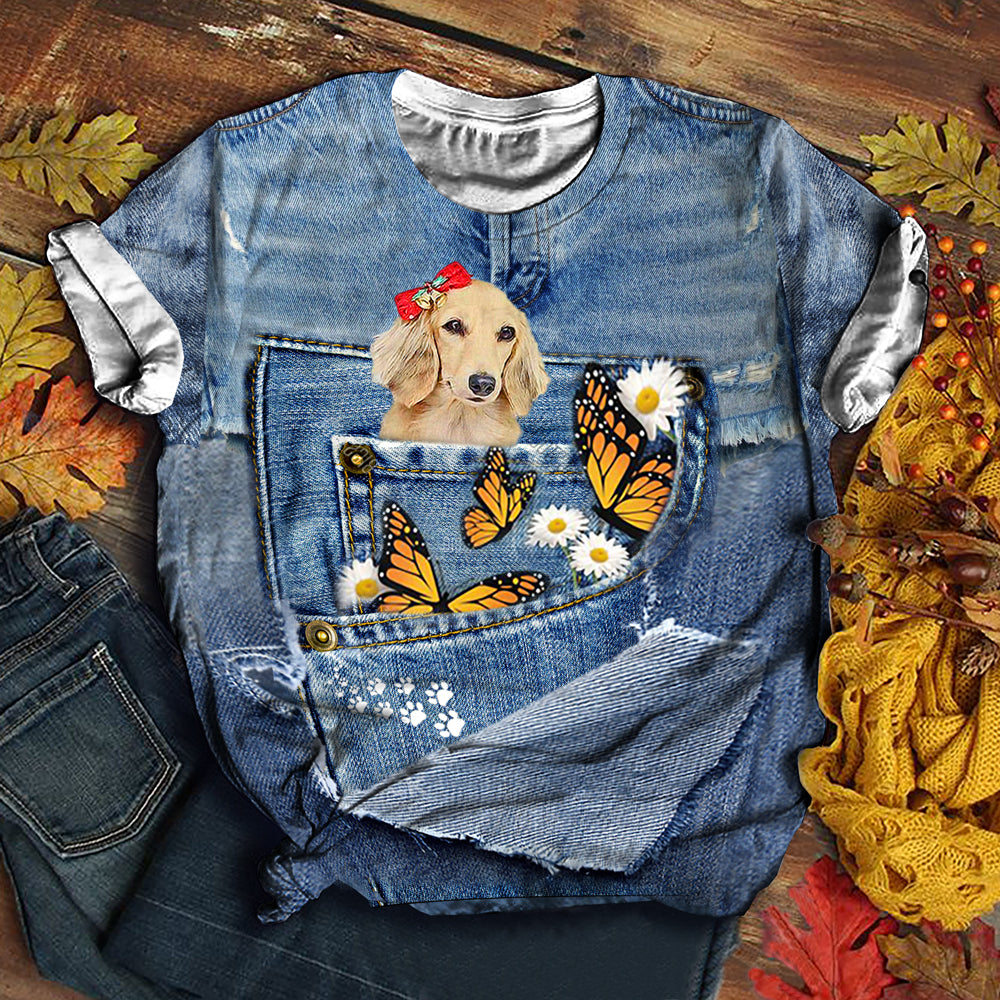 long haired Dachshund1   Butterfly Daisies T-shirt