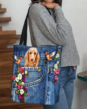 Long Haired Dachshund2-Cardinal & Cross Flower Cloth Tote Bag