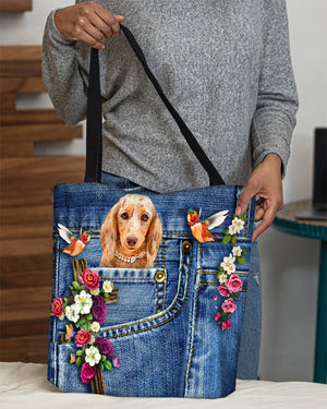 Long Haired Dachshund2-Cardinal & Cross Flower Cloth Tote Bag