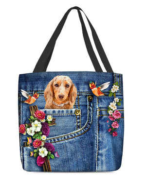 Long Haired Dachshund2-Cardinal & Cross Flower Cloth Tote Bag