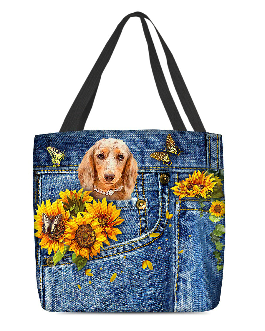 Long Haired Dachshund2-Sunflowers & Butterflies Cloth Tote Bag