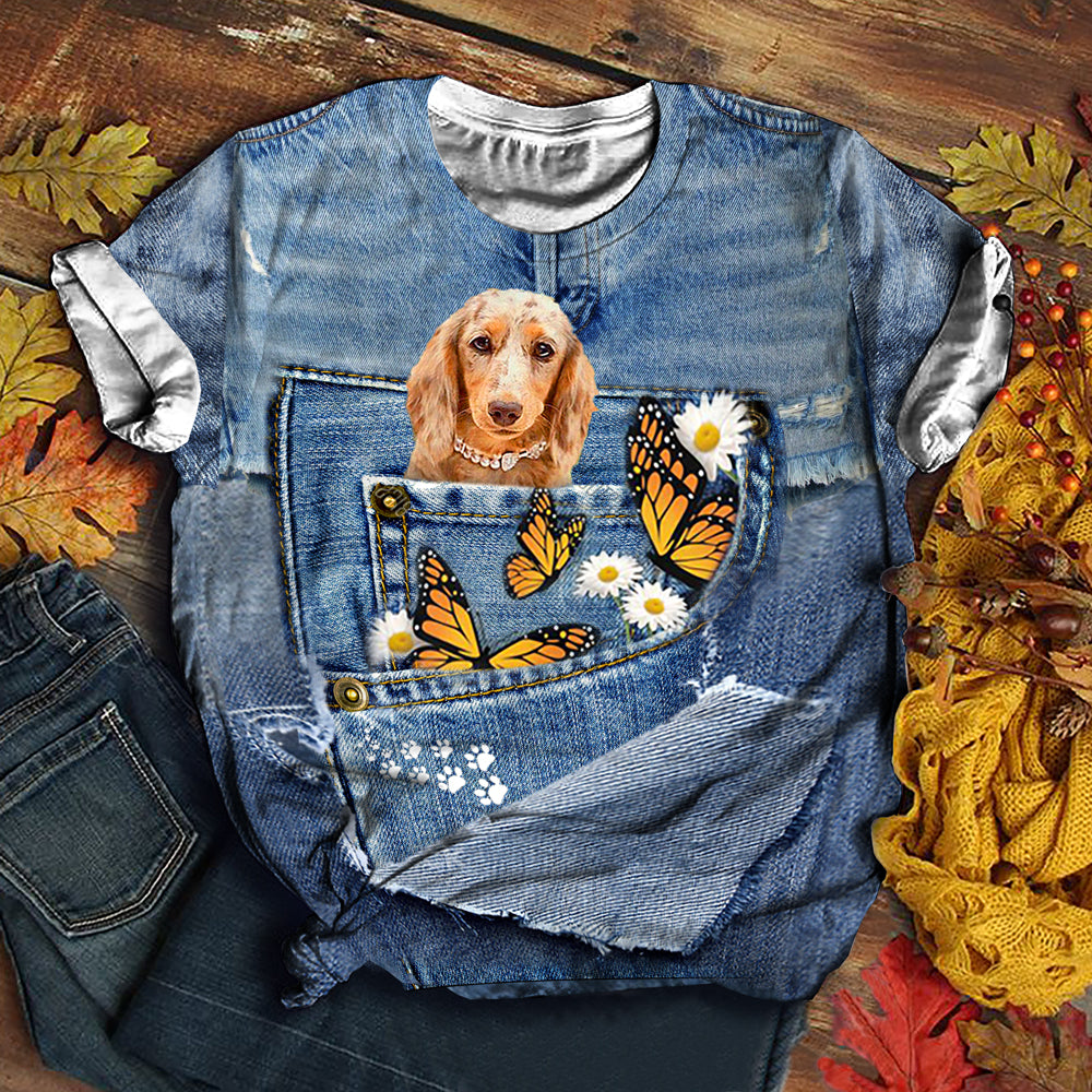 long haired Dachshund2   Butterfly Daisies T-shirt