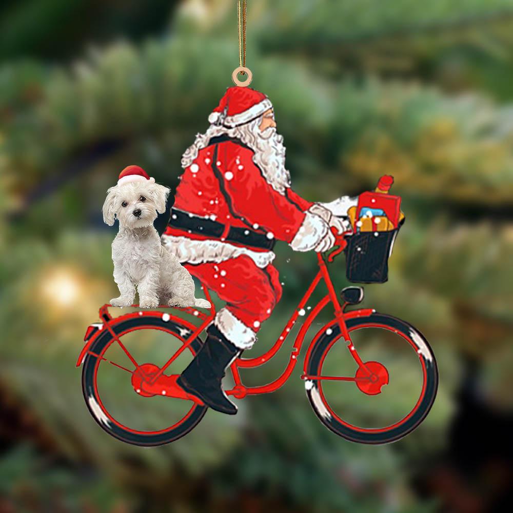 Santa Claus riding a bike with maltes-Two Sided Ornament