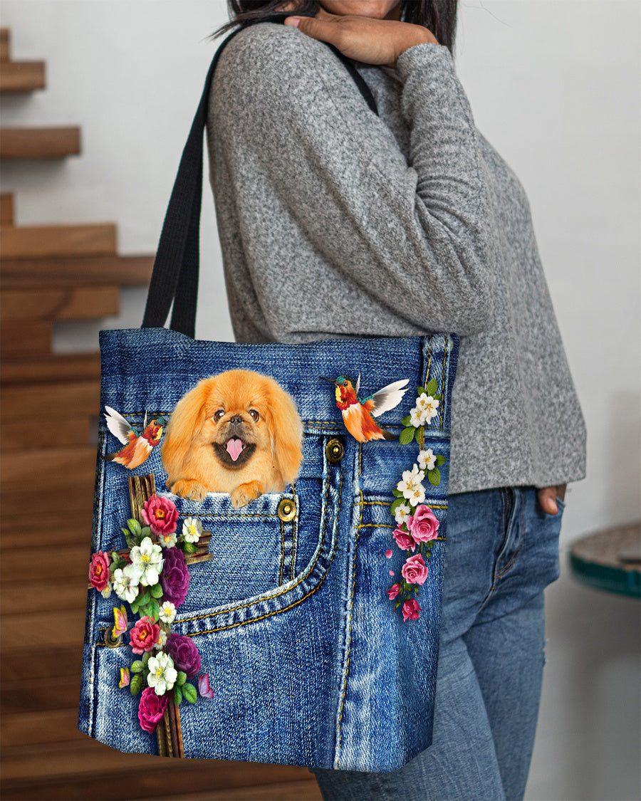 Pekingese1-Cardinal & Cross Flower Cloth Tote Bag