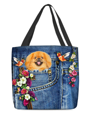 Pekingese1-Cardinal & Cross Flower Cloth Tote Bag