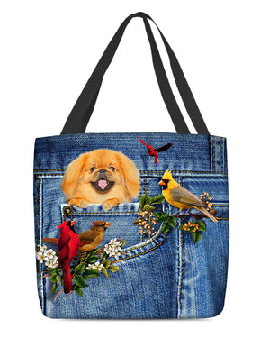 Pekingese1-Cardinal & Dog Cloth Tote Bag