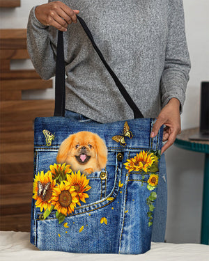 Pekingese1-Sunflowers & Butterflies Cloth Tote Bag