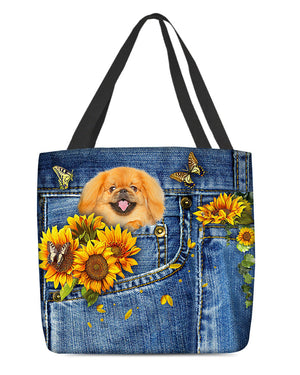 Pekingese1-Sunflowers & Butterflies Cloth Tote Bag