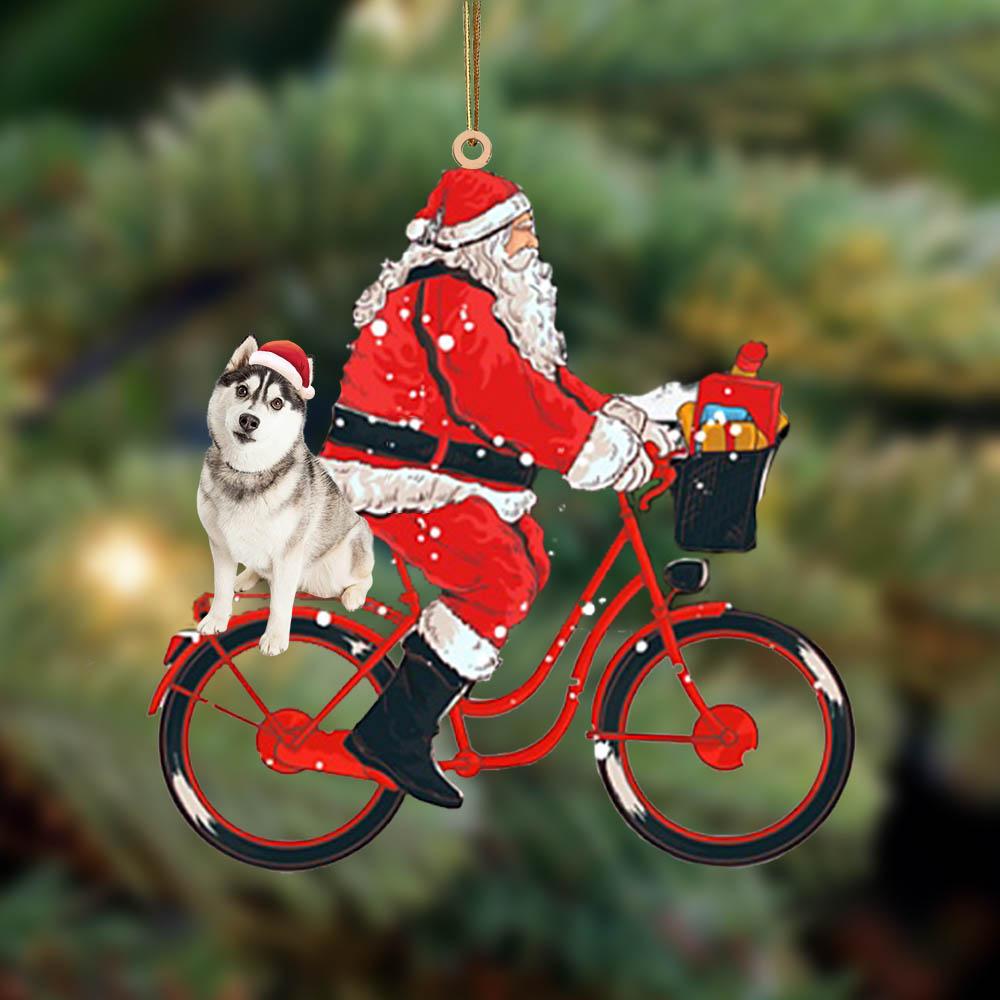 Santa Claus riding a bike with siberian husky (2)-Two Sided Ornament