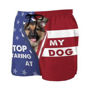 3D Stop staring at my dog German Shepherd Custom Beach Shorts Swim Trunks
