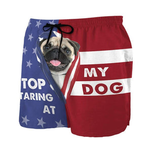 3D Stop staring at my dog Pug Custom Beach Shorts Swim Trunks