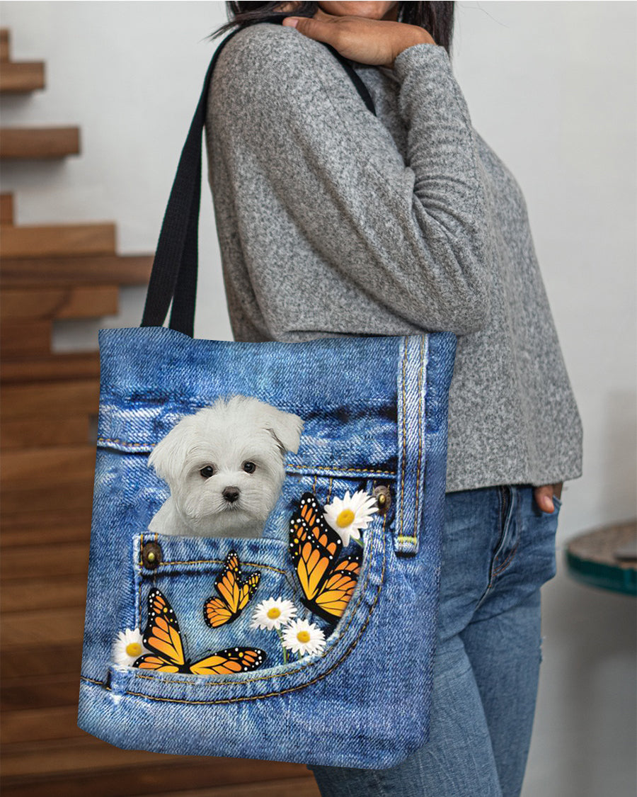 white-Maltese-Butterfly Daisies Fait-CLOTH TOTE BAG