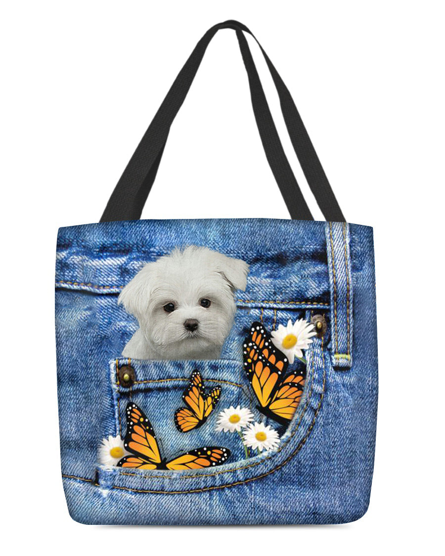 white-Maltese-Butterfly Daisies Fait-CLOTH TOTE BAG