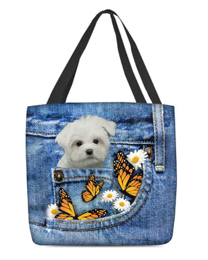 white-Maltese-Butterfly Daisies Fait-CLOTH TOTE BAG