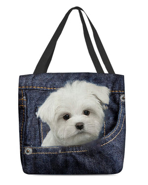 White Maltese-Dark Denim-Cloth Tote Bag