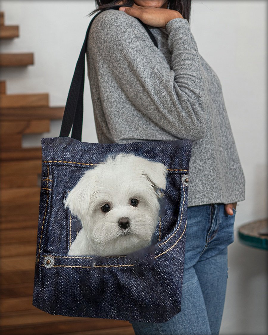 White Maltese-Dark Denim-Cloth Tote Bag