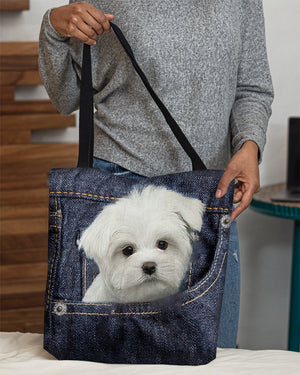 White Maltese-Dark Denim-Cloth Tote Bag