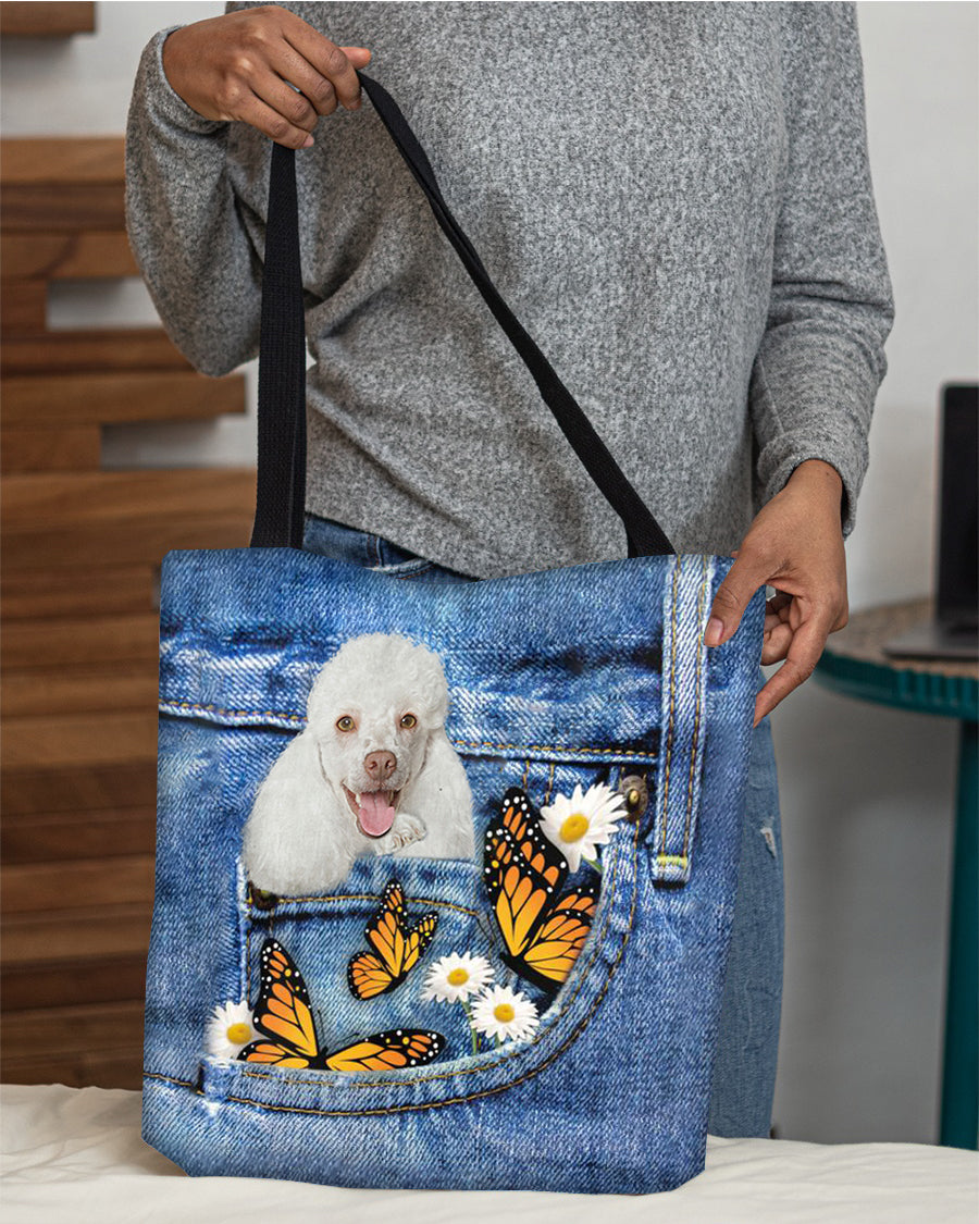 white-poodle-Butterfly Daisies Fait-CLOTH TOTE BAG